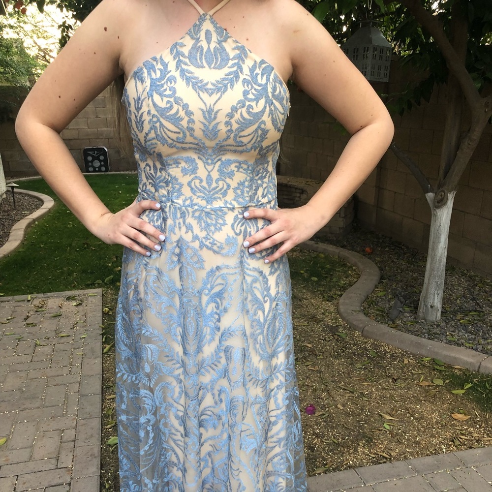 beautiful blue and tan prom dress